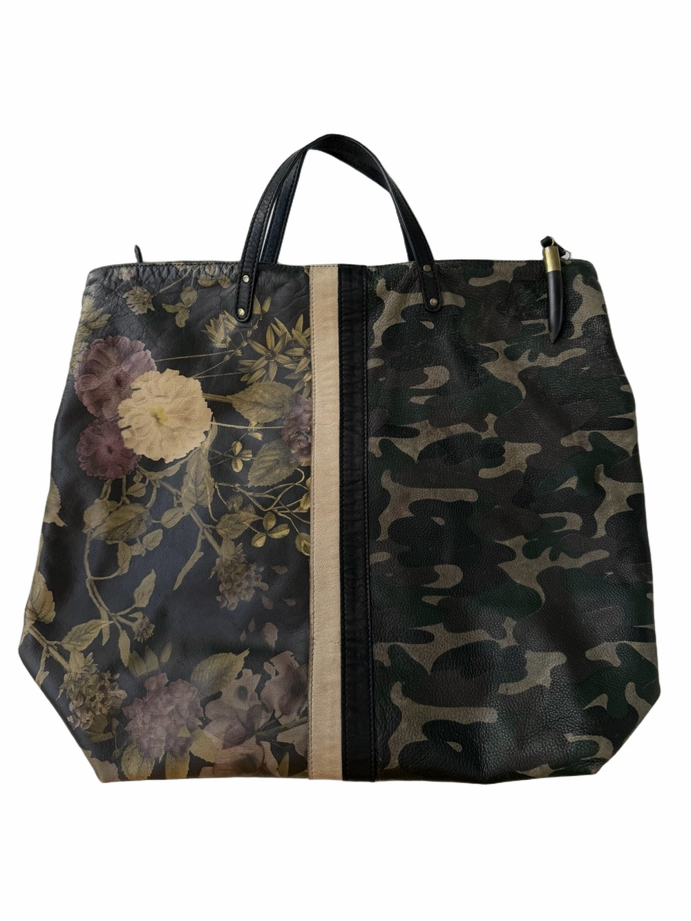 Kempton & Co Woodleigh Holdall Foldover Leather Black Peony Dark Camo Tote Bag